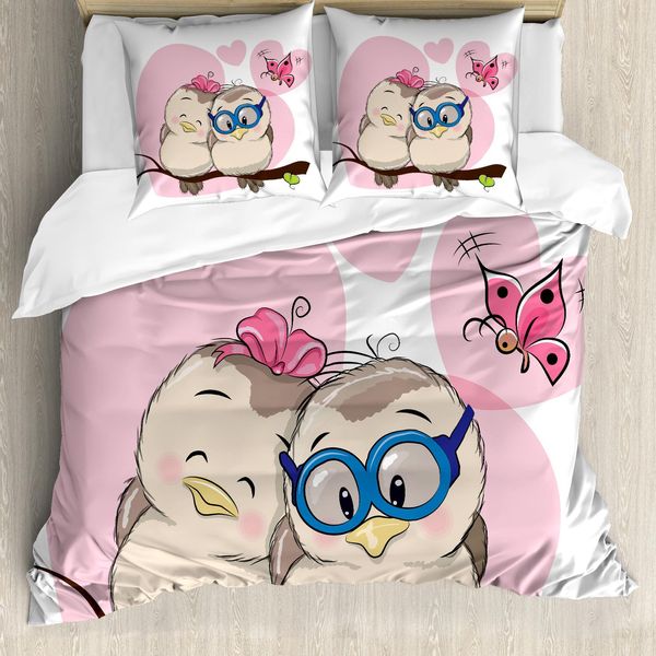 Abakuhaus Copripiumino, Uccellini Cartoon Valnetine, Antiacaro, Adatto A Chi Soffre Di Allergie, Con Federe, 200 Cm X 200 Cm - 80 X 80 Cm, Rosa Pallido, Beige, Tortora-image