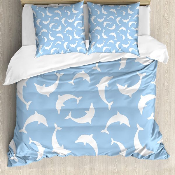Abakuhaus Copripiumino Con Motivi Marini, Con Delfini, Antiacaro, Adatto A Chi Soffre Di Allergie, Con Federe, 155 Cm X 220 Cm - 80 X 80 Cm, Azzurro E Bianco-image