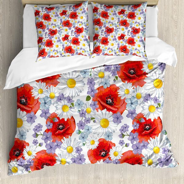 Abakuhaus Set Copripiumino Colorato Per Letti Matrimoniali, Papavero E Margherita, Antiacaro, Adatto A Chi Soffre Di Allergie, Con Federe, Rosso Scarlatto, Bianco E Lavanda-image