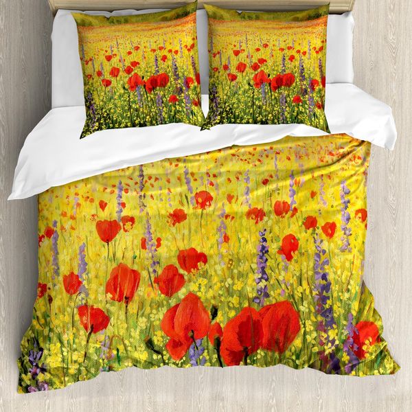Abakuhaus Copripiumino Con Motivo Floreale, Campo Di Papaveri, Antiacaro, Adatto A Chi Soffre Di Allergie, Con Federe, 200 Cm X 200 Cm - 80 X 80 Cm, Giallo Rosso Verde-image