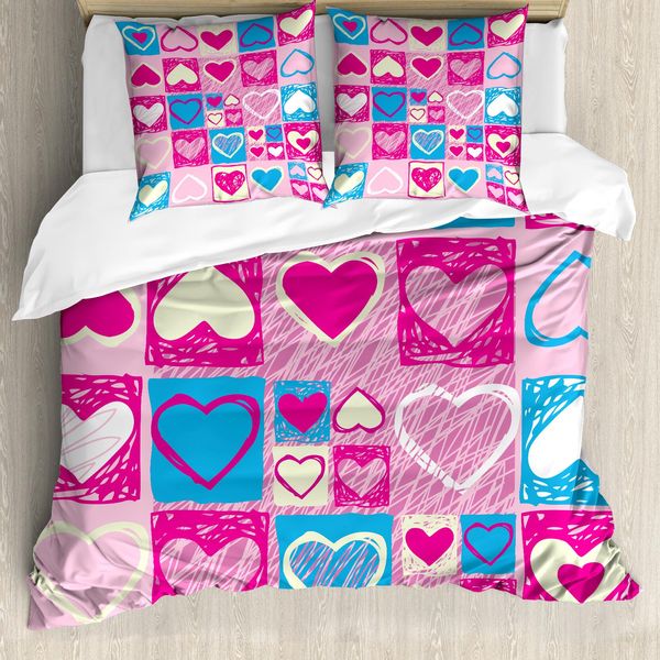 Abakuhaus Copripiumino Love, Cuori Di Forma Quadrata, Antiacaro, Adatto A Chi Soffre Di Allergie, Con Federe, 200 Cm X 200 Cm - 80 X 80 Cm, Blu Avorio Rosa-image