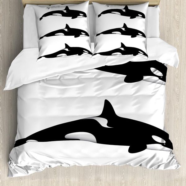 Abakuhaus Copripiumino Con Animali Marini, Orca Killerwal, Antiacaro, Adatto A Chi Soffre Di Allergie, Con Federe, 200 Cm X 200 Cm - 80 X 80 Cm, Bianco E Nero-image