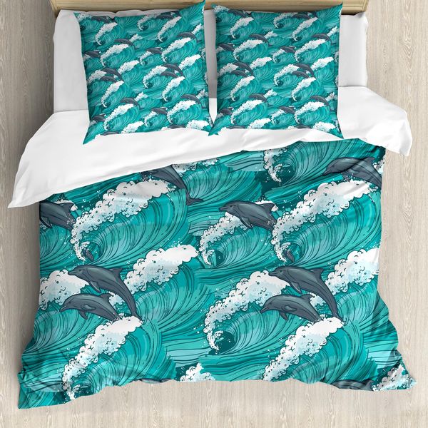 Abakuhaus Set Copripiumino Per Letti Matrimoniali, Delfini Che Surfano, Antiacaro, Adatto A Chi Soffre Di Allergie, Con Federe, Grigio Scuro E Bianco Petrolio-image