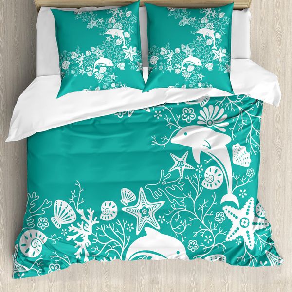 Abakuhaus Set Copripiumino Per Letti Matrimoniali, Delfini E Fiori, Antiacaro, Adatto A Chi Soffre Di Allergie, Con Federe, Verde Mare E Bianco-image