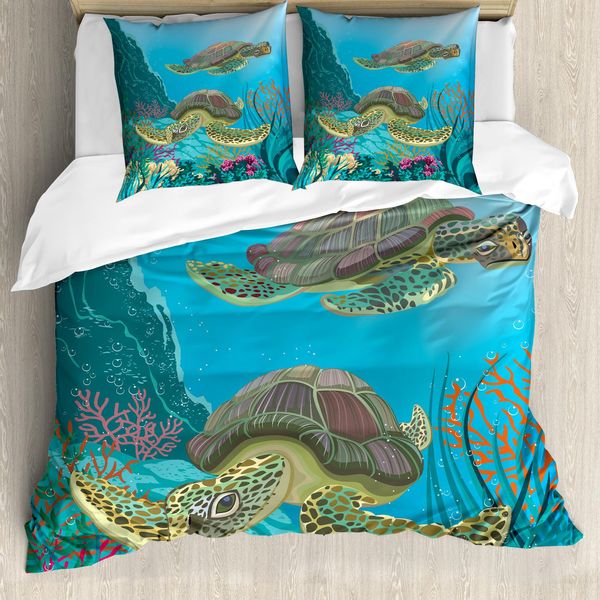 Abakuhaus Copripiumino Con Motivi Marini, Tartarughe Marine Nell'acqua, Antiacaro, Adatto A Chi Soffre Di Allergie, Con Federe, 155 Cm X 220 Cm - 80 X 80 Cm, Multicolore-image