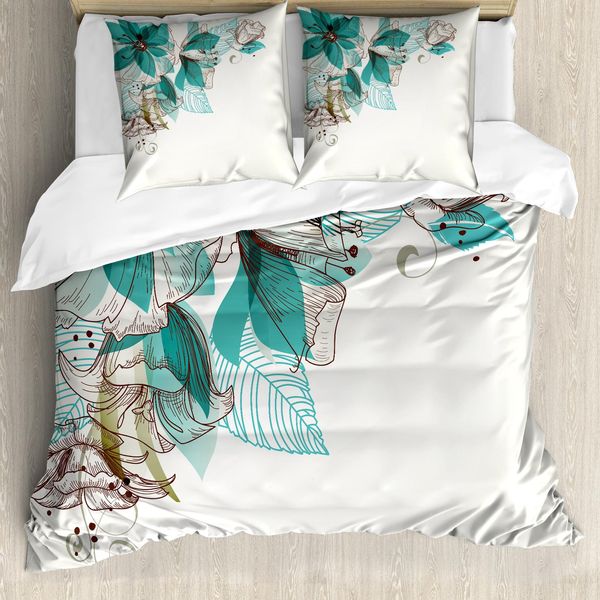 Abakuhaus Copripiumino Turchese, Foglie Con Boccioli Di Fiori, Antiacaro, Adatto A Chi Soffre Di Allergie, Con Federe, 200 Cm X 200 Cm - 80 X 80 Cm, Verde Acqua Chiaro-image