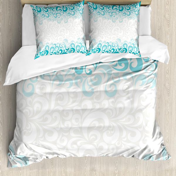 Abakuhaus Copripiumino Turchese, Disegno Floreale Classico, Antiacaro, Adatto A Chi Soffre Di Allergie, Con Federe, 155 Cm X 220 Cm - 80 X 80 Cm, Verde Acqua Turchese Bianco-image