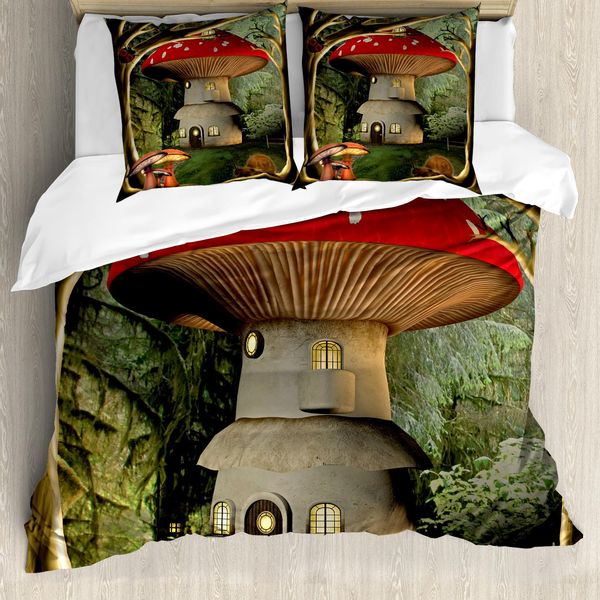 Abakuhaus Copripiumino Mushroom Magic Forest, Antiacaro E Anallergico, Con Federe, 155 Cm X 220 Cm - 80 X 80 Cm, Rosso Pallido, Caffè, Verde-image
