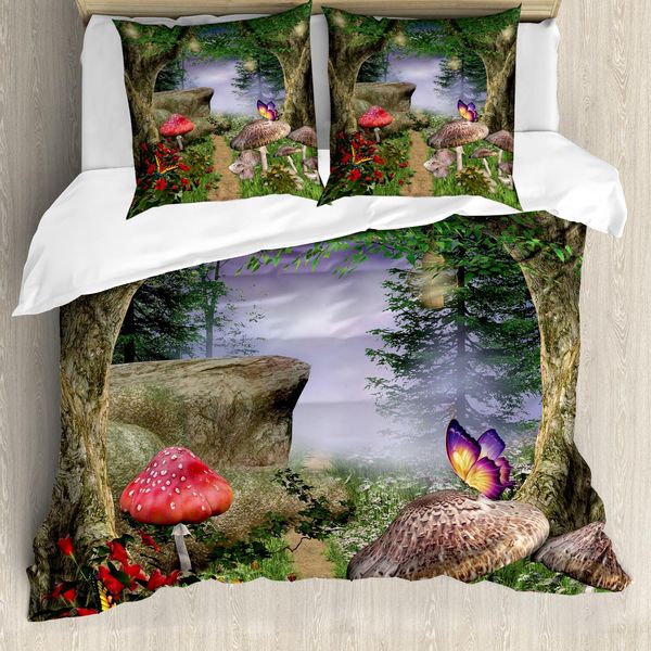 Abakuhaus Copripiumino Funghi, Farfalle Fairytale, Antiacaro, Adatto A Chi Soffre Di Allergie, Con Federe, 155 Cm X 220 Cm - 80 X 80 Cm, Marrone Chiaro, Verde, Rosso-image