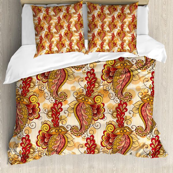 Abakuhaus Copripiumino Asiatico, Elaborato Motivo Paisley, Antiacaro, Adatto A Chi Soffre Di Allergie, Con Federe, 200 Cm X 200 Cm - 80 X 80 Cm, Arancione, Giallo E Rosso-image