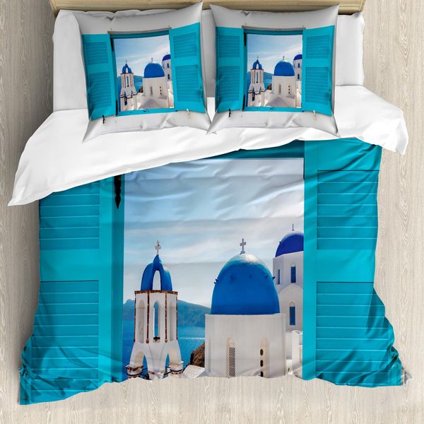 Abakuhaus Copripiumino Paesaggio, Grecia Oia Edifici, Antiacaro, Adatto A Chi Soffre Di Allergie, Con Federe, 155 Cm X 220 Cm - 80 X 80 Cm, Blu Acquamarina-Bianco-image