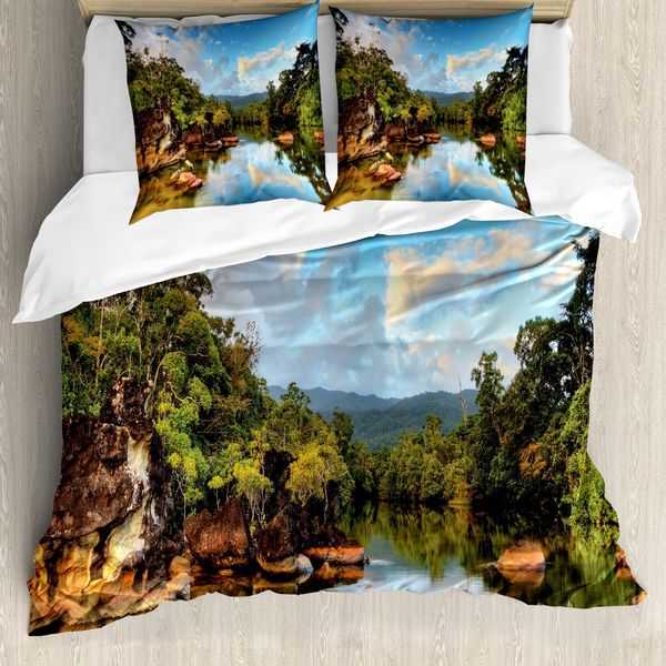 Abakuhaus Copripiumino Asiatico, Con Vista Sul Fiume Nella Giungla, Antiacaro, Adatto A Chi Soffre Di Allergie, Con Federe, 200 Cm X 200 Cm - 80 X 80 Cm, Multicolore-image
