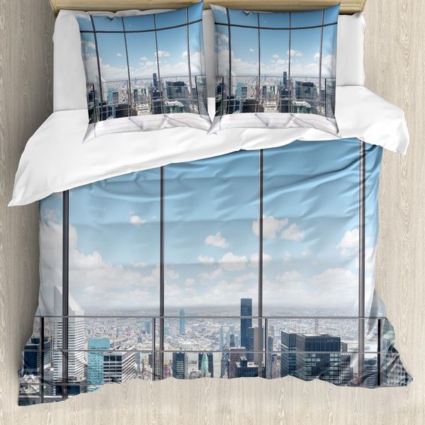 Abakuhaus Copripiumino Urbano, Paesaggio Urbano Moderno, Antiacaro, Adatto A Chi Soffre Di Allergie, Con Federe, 155 Cm X 220 Cm - 80 X 80 Cm, Grigio, Bianco, Blu-image
