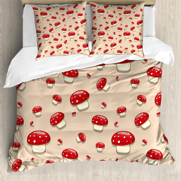 Abakuhaus Copripiumino Funghi, Funghi Cartoon, Antiacaro, Adatto A Chi Soffre Di Allergie, Con Federe, 200 Cm X 200 Cm - 80 X 80 Cm, Avorio Rosso Marrone Chiaro-image