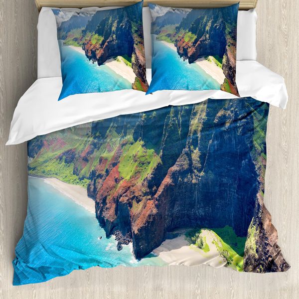 Abakuhaus Copripiumino Hawaiano, Na Pali Island, Antiacaro, Adatto A Chi Soffre Di Allergie, Con Federe, 200 Cm X 200 Cm - 80 X 80 Cm, Blu, Verde, Marrone-image