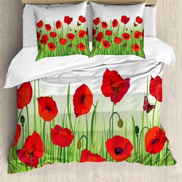 Abakuhaus Copripiumino Blume, Motivo Floreale Con Farfalle, Antiacaro, Adatto A Chi Soffre Di Allergie, Con Federe, 155 Cm X 220 Cm - 80 X 80 Cm, Verde E Rosso-image