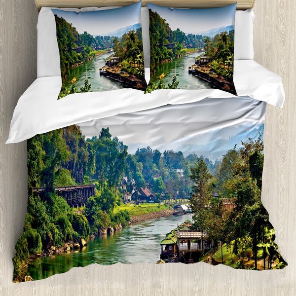 Abakuhaus Set Copripiumino Colorato Per Letti Matrimoniali, Villaggio Tropicale Thailandese, Antiacaro, Adatto A Chi Soffre Di Allergie, Con Federe, Verde Bosco Turchese-image