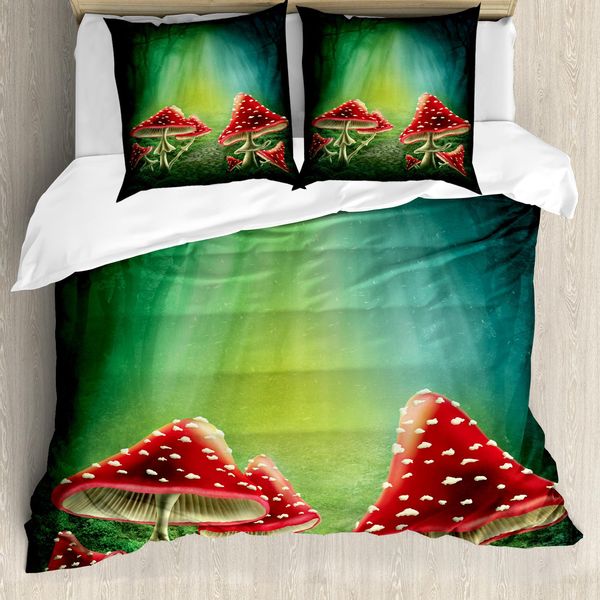 Abakuhaus Copripiumino Funghi, Funghi Misteriosi, Antiacaro, Adatto A Chi Soffre Di Allergie, Con Federe, 200 Cm X 200 Cm - 80 X 80 Cm, Verde Mare Rosso Crema-image
