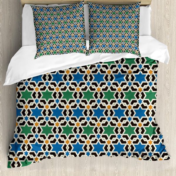 Abakuhaus Copripiumino Marocchino, Stelle Esagonali, Antiacaro, Adatto A Chi Soffre Di Allergie, Con Federe, 155 Cm X 220 Cm - 80 X 80 Cm, Verde Blu Nero-image