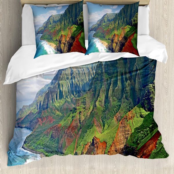 Abakuhaus Copripiumino Hawaiano, Na Pali Kauai Sea, Antiacaro, Adatto A Chi Soffre Di Allergie, Con Federe, 200 Cm X 200 Cm - 80 X 80 Cm, Verde Redwood Blu-image