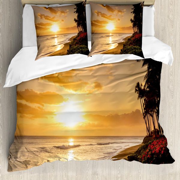 Abakuhaus Copripiumino Hawaiano, Tramonto Sulla Spiaggia Sabbiosa, Antiacaro, Adatto A Chi Soffre Di Allergie, Con Federe, 200 Cm X 200 Cm - 80 X 80 Cm, Arancione, Verde, Rosa-image