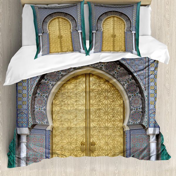 Abakuhaus Copripiumino Marocchino, Porte Antiche, Antiacaro, Adatto A Chi Soffre Di Allergie, Con Federe, 155 Cm X 220 Cm - 80 X 80 Cm, Giallo Verde Acqua Blu-image