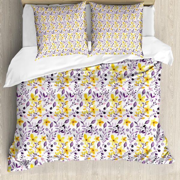 Abakuhaus Copripiumino Blume, Fiori E Foglie Rurali, Antiacaro, Adatto A Chi Soffre Di Allergie, Con Federe, 200 Cm X 200 Cm - 80 X 80 Cm, Giallo, Viola, Bianco-image