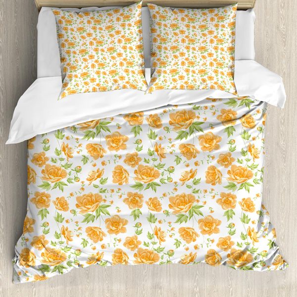 Abakuhaus Copripiumino Con Fiori, Bouquet Di Peonie, Antiacaro, Adatto A Chi Soffre Di Allergie, Con Federe, 200 Cm X 200 Cm - 80 X 80 Cm, Arancione Chiaro, Verde, Bianco-image