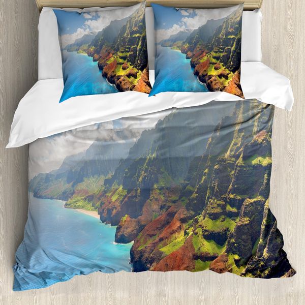 Abakuhaus Copripiumino Hawaiano, Panorama Soleggiato Dell'isola, Antiacaro, Adatto A Chi Soffre Di Allergie, Con Federe, 155 Cm X 220 Cm - 80 X 80 Cm, Blu, Verde, Marrone-image