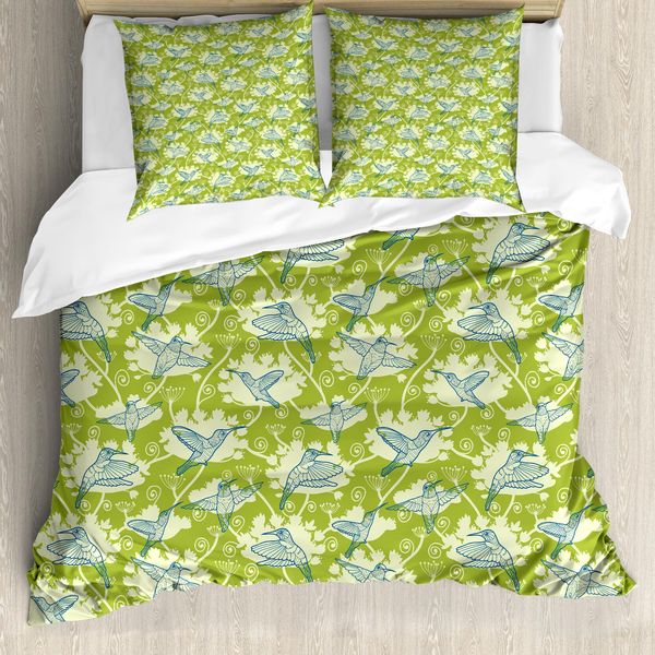 Abakuhaus Copripiumino Kolibri, Giardino Hummingbird, Antiacaro, Adatto A Chi Soffre Di Allergie, Con Federe, 200 Cm X 200 Cm - 80 X 80 Cm, Verde Lime-Blu-Crema-image