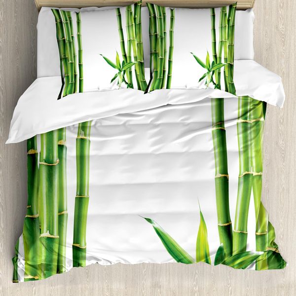 Abakuhaus Copripiumino Asiatico, Rami Di Bambù, Antiacaro, Adatto A Chi Soffre Di Allergie, Con Federe, 200 Cm X 200 Cm - 80 X 80 Cm, Verde Felce E Bianco-image
