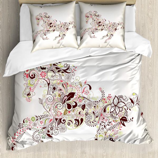 Abakuhaus Copripiumino Astratto, Cavallo Floreale Paisley, Antiacaro, Adatto A Chi Soffre Di Allergie, Con Federe, 155 Cm X 220 Cm - 80 X 80 Cm, Verde, Marrone, Rosa-image