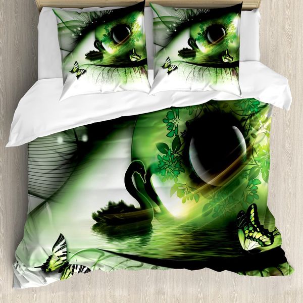 Abakuhaus Copripiumino Astratto, Cigno Astratto, Antiacaro, Adatto A Chi Soffre Di Allergie, Con Federe, 200 Cm X 200 Cm - 80 X 80 Cm, Verde, Nero, Bianco-image