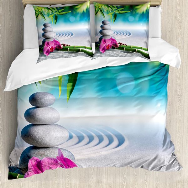 Abakuhaus Copripiumino Spa, Spa Sand Orchid Blume, Antiacaro, Adatto A Chi Soffre Di Allergie, Con Federe, 155 Cm X 220 Cm - 80 X 80 Cm, Blu Felce-Verde Fucsia-image