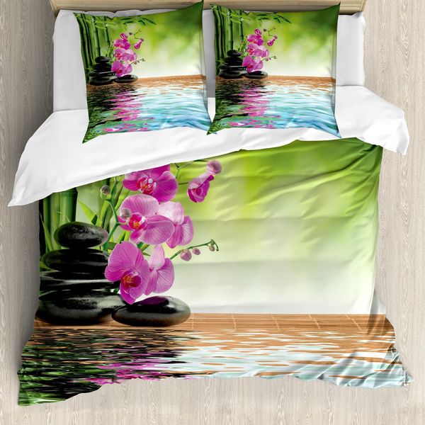 Copripiumino Abakuhaus Spa, Tropic Orchideen-Blume, Antiacaro, Adatto A Chi Soffre Di Allergie, Con Federe, 200 Cm X 200 Cm - 80 X 80 Cm, Verde Felce Fucsia-image