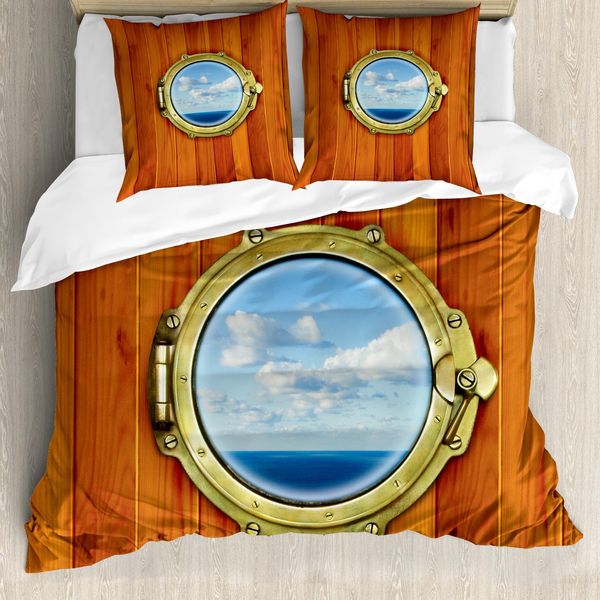 Abakuhaus Copripiumino Nautico, Nave A Vela Antica, Antiacaro, Adatto A Chi Soffre Di Allergie, Con Federe, 155 Cm X 220 Cm - 80 X 80 Cm, Arancione Scuro E Azzurro Pallido-image