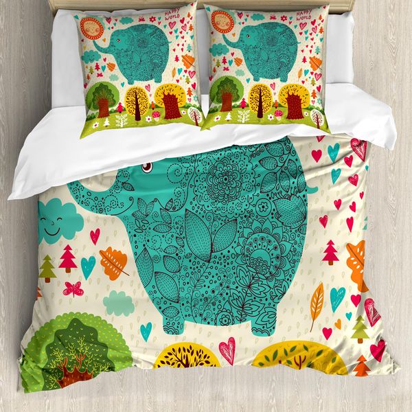 Abakuhaus Set Copripiumino Colorato Per Letti Matrimoniali, Elefanti Alberi Foglie, Antiacaro Adatto A Chi Soffre Di Allergie Con Federe, Multicolore-image