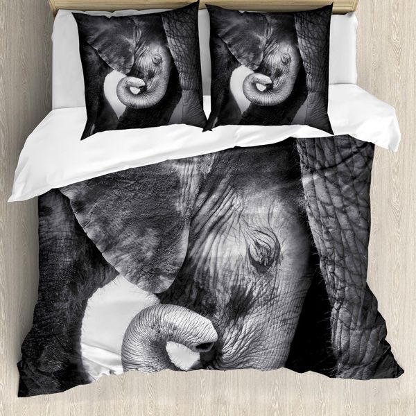 Abakuhaus Copripiumino Elefante, Mamma Elefante E Cucciolo, Antiacaro, Adatto A Chi Soffre Di Allergie, Con Federe, 200 Cm X 200 Cm - 80 X 80 Cm, Grigio Antracite Chiaro-image