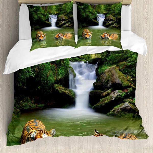 Abakuhaus Copripiumino Safari, Tigre Siberiana, Antiacaro, Adatto A Chi Soffre Di Allergie, Con Federe, 200 Cm X 200 Cm - 80 X 80 Cm, Reseda, Verde, Arancione-image