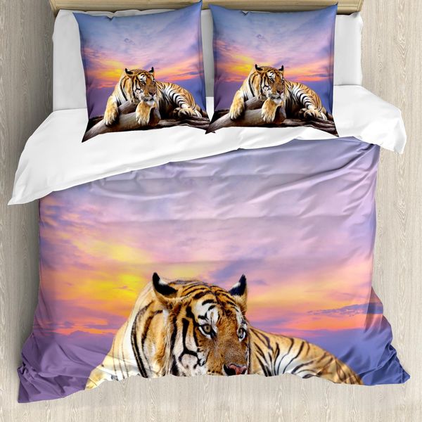 Abakuhaus Copripiumino Safari, Tigre Tramonto Colorato, Antiacaro Adatto A Chi Soffre Di Allergie Con Federe, 155 Cm X 220 Cm - 80 X 80 Cm, Lavanda Senape-image