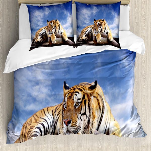 Abakuhaus Copripiumino Safari, Tigre Su Legno Wildlife, Antiacaro, Adatto A Chi Soffre Di Allergie, Con Federe, 155 Cm X 220 Cm - 80 X 80 Cm, Blu Senape Nero-image