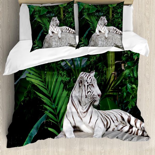 Abakuhaus Copripiumino Safari, Tigre Bianca Nella Giungla, Antiacaro, Adatto A Chi Soffre Di Allergie, Con Federe, 200 Cm X 200 Cm - 80 X 80 Cm, Beige Verde Grigio Chiaro-image