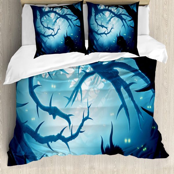 Abakuhaus Copripiumino Mystiker, Notte Nella Foresta Halloween, Antiacaro, Adatto A Chi Soffre Di Allergie, Con Federe, 200 Cm X 200 Cm - 80 X 80 Cm, Blu Navy E Bianco-image