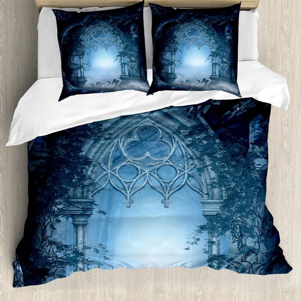 Abakuhaus Set Copripiumino Per Letti Matrimoniali, Palazzo Magico Nebbioso, Antiacaro, Adatto A Chi Soffre Di Allergie, Con Federe, Azzurro E Grigio-image