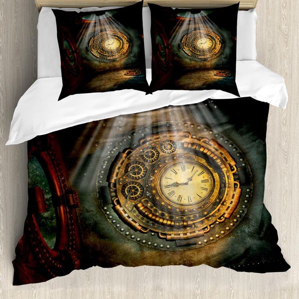 Abakuhaus Copripiumino Fantasia, Clock Traum Sky Fiction, Antiacaro E Anallergico, Con Federe, 155 Cm X 220 Cm - 80 X 80 Cm, Marrone E Verde Acqua-image