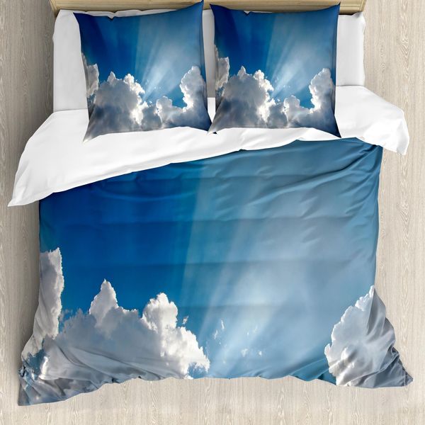 Abakuhaus Copripiumino Paesaggio, Cielo-Nuvole Raggi Di Sole, Antiacaro, Adatto A Chi Soffre Di Allergie, Con Federe, 155 Cm X 220 Cm - 80 X 80 Cm, Blu Bianco-image