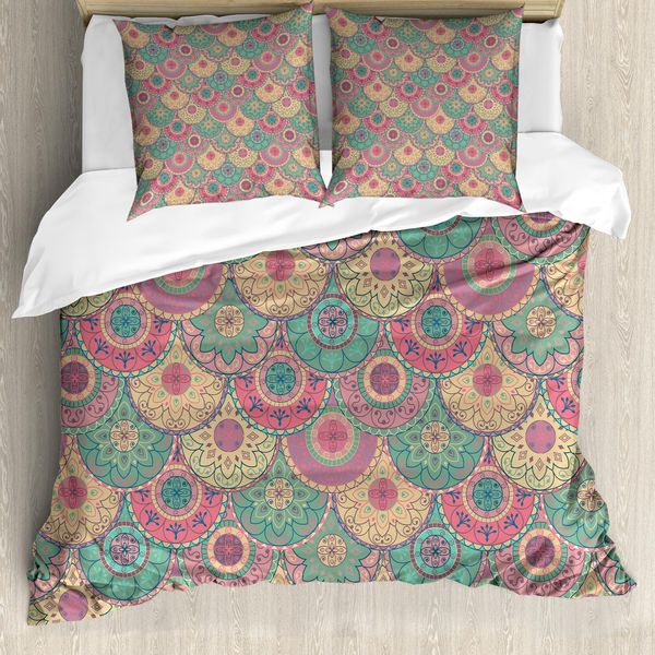 Abakuhaus Copripiumino Vintage, Forma Circolare Classica, Antiacaro, Adatto A Chi Soffre Di Allergie, Con Federe, 200 Cm X 200 Cm - 80 X 80 Cm, Verde, Rosa,-image