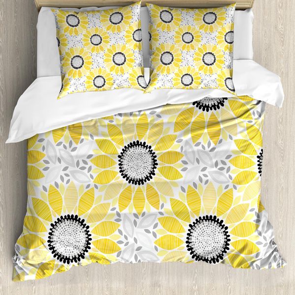 Abakuhaus Copripiumino Giallo, Sun-Blumen-Natur-Kunst, Antiacaro, Adatto A Chi Soffre Di Allergie, Con Federe, 155 Cm X 220 Cm - 80 X 80 Cm, Giallo Grigio-image