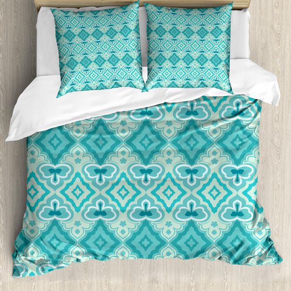 Abakuhaus Copripiumino Verde Acqua, Motivi Floreali Geometrici Vintage, Antiacaro E Anallergico, Con Federe, 155 Cm X 220 Cm - 80 X 80 Cm, Verde Acqua E Beige-image
