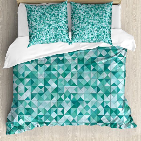 Abakuhaus Set Copripiumino Geometrico Per Letti Matrimoniali, Forma A Mosaico Triangolare, Antiacaro, Adatto A Chi Soffre Di Allergie, Con Federe, Verde Turchese-image